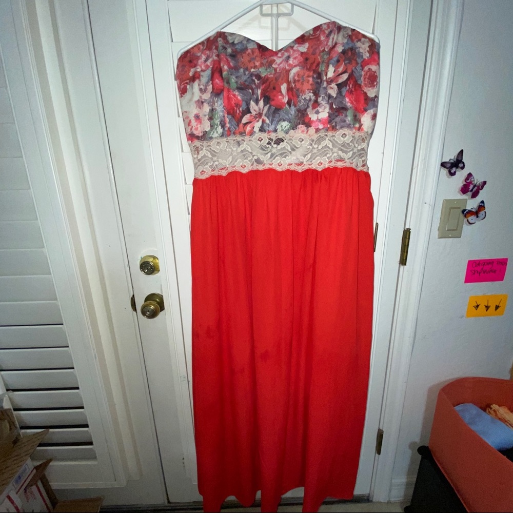 Red Floral, Strapless Maxi Dress!